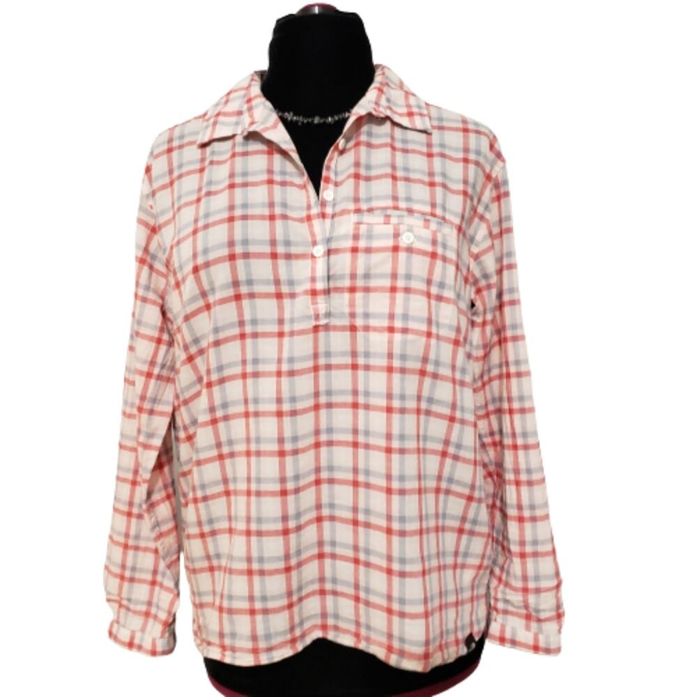 The North Face Womens Red White Blue Plaid Organic Cotton Pullover Shirt Large